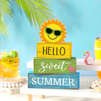 Yuntau 4 Pcs Summer Table Decoration Hello Sweet Summer Tiered Tray Decor Rustic Wood Flamingo Centerpiece Summertime Decorative Block Signs Farmhouse Tabletop Decor for Home Kitchen Shelf Office