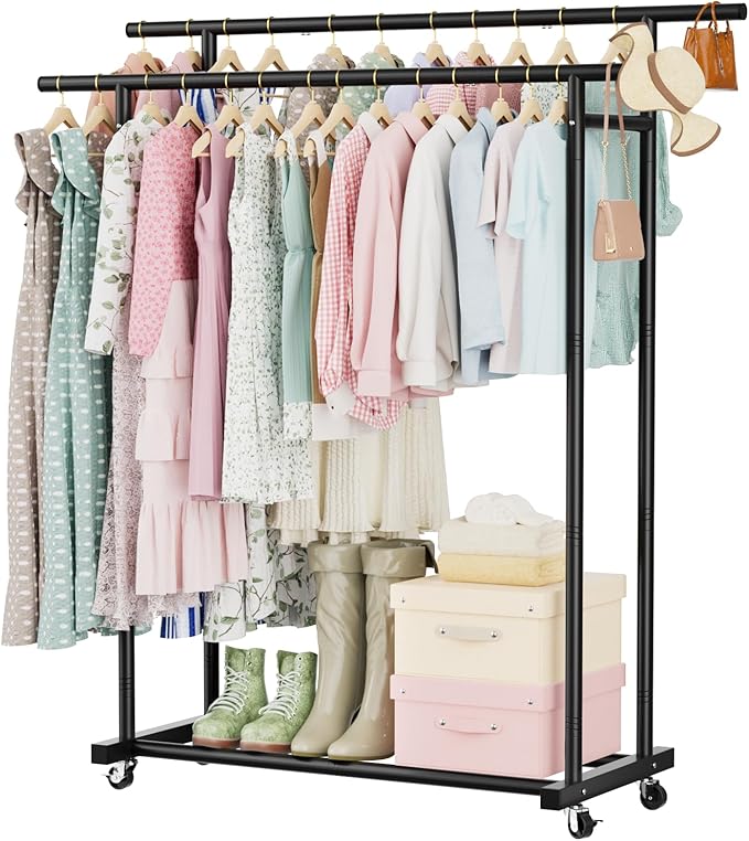 Abiglifty Double Rods Clothes Rack for Hanging Clothes, Clothing Rack with Wheels, Portable Closet Organizer for Laundry, Room (Black)