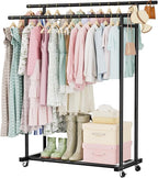 Abiglifty Double Rods Clothes Rack for Hanging Clothes, Clothing Rack with Wheels, Portable Closet Organizer for Laundry, Room (Black)