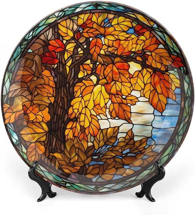 Autumn Decorative Plates, Stained Glass Design Autumn Tree Display Plate for Home Office Kitchen Table Decor Porcelain Plates 7 Inch, Thanksgiving Gifts