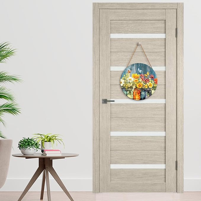 Harooni Spring Summer Floral Door Sign Decor Spring Welcome Wreaths for Front Door Summer Wildflower Vase Butterfly Wood Wreath Farmhouse Front Door Hanger Sign for Indoor Outdoor Decor 12 Inch