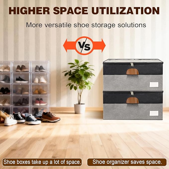 2 Pack Shoe Organizer for Closet, Adjustable Shoe Box Storage Containers, Large Foldable Shoe Bins with Clear Cover, Space Saving Shoes Holder with 4 Handles, Fits 24-48 Pairs, Black
