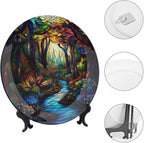 Stained Glass Theme Decorative Ceramic Plate Round Porcelain Plate,8 inch,Sunrise Forest Stream Pattern,for Decorative Ornaments Giving Plates, 1 Plate with 1 Display Stand,Multicolor