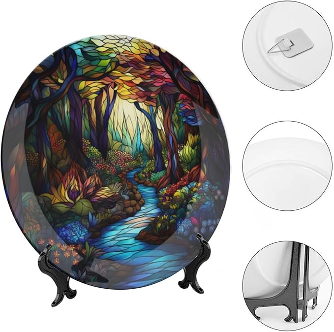 Stained Glass Theme Decorative Ceramic Plate Round Porcelain Plate,8 inch,Sunrise Forest Stream Pattern,for Decorative Ornaments Giving Plates, 1 Plate with 1 Display Stand,Multicolor