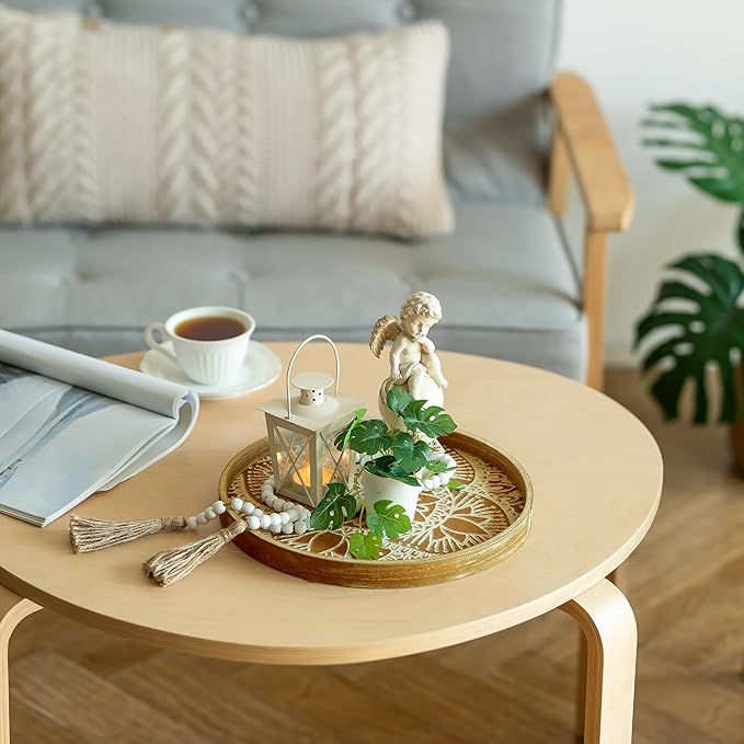 Hanobe Round Decorative Tray for Table: 2Pcs Vintage Coffee Table Trays with Boho Bead Garland for Home Decor - Farmhouse Wood Circle for Kitchen Counter Women