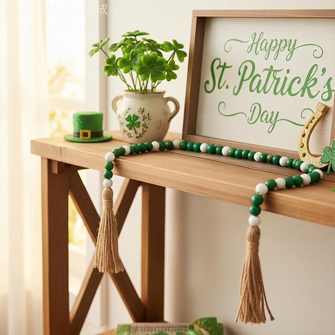 Equsion Seasonal Wooden Bead Garland with Tassels, 3.3 ft Holiday Vintage Boho Bead Garland Easter Tray Decoration, Vase Wall Room Art Birthday Party Decoration(Gradient Green)