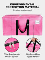 4 Pack Large Strong Moving Bags with Zippers & Carrying Handles - Water-Resistant - Heavy Duty Storage Tote for Space Saving, Fold Flat, Alternative to Moving Box (Pink)
