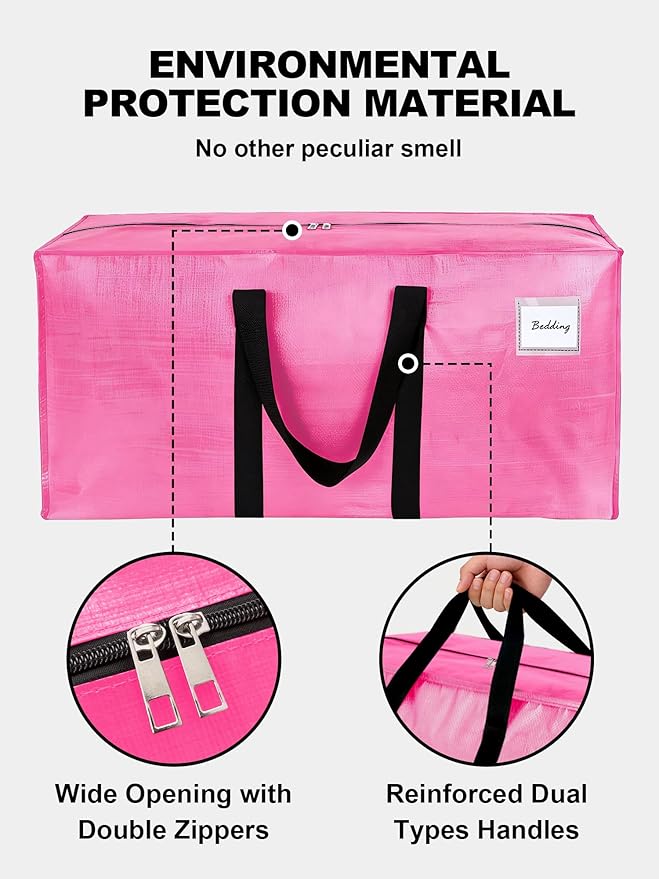 4 Pack Large Strong Moving Bags with Zippers & Carrying Handles - Water-Resistant - Heavy Duty Storage Tote for Space Saving, Fold Flat, Alternative to Moving Box (Pink)