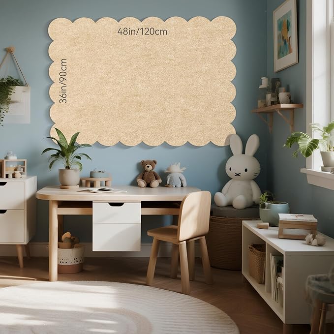 Lightomorrow Scalloped Bulletin Board, 48 x 36 Inches Felt Pin Board - Decorative Cork Alternative for Wall, Foldable Picture Self-Adhesive Vision Prayer Board with 20 Pushpins - Beige Brown