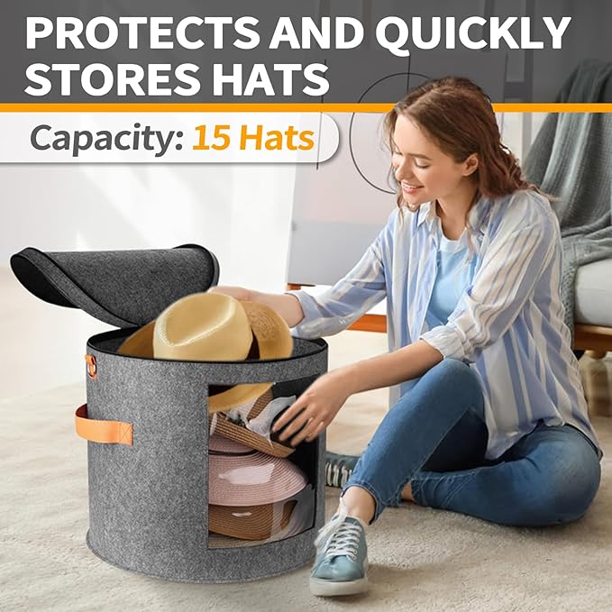 Oversized Hat Storage Box for Women & Men，19" D x 17" H Cowboy Hat Boxes with 1 Wood Hook Felt travel Round Hat Organizer Box with Dustproof Lid (Gray)