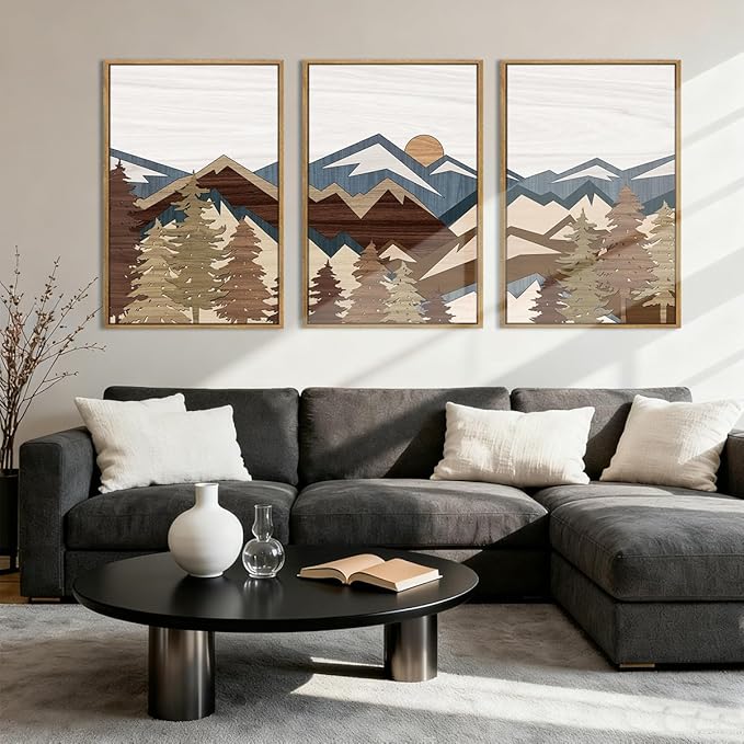 BINCUE Large Mountain Wall Art Vintage Mountains Wall Decor Framed Landscape Artwork Rustic Mountain Art Prints Farmhouse Landscape Wall Pictures for Living Room Bedroom Office Farmhouse 16x24 Inch Set of 3