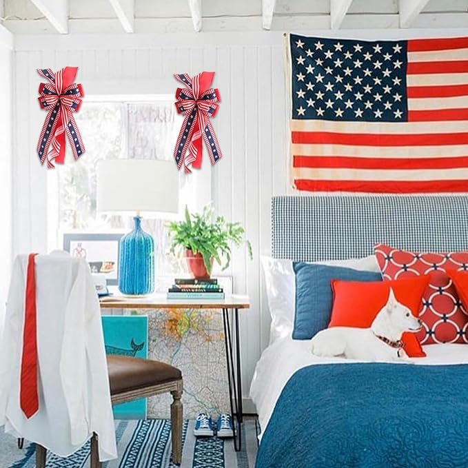 Large Patriotic Wreath Bows for Front Door, Memorial Day Red Blue White Stars and Stripes Bows for Wreath