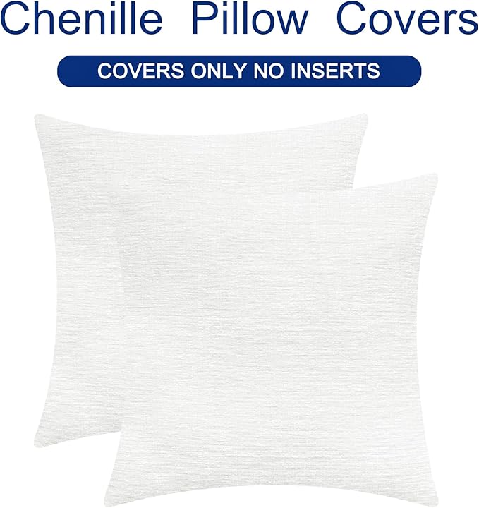 CaliTime Throw Pillow Covers Decorative 16 X 16 Inches Pack of 2 Cozy Chenille Cushion Cases for Couch Sofa Bed Living Room Home True White
