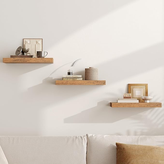 RALGEND Floating Shelves for Wall, 1.5" Thick Wall Shelf Set of 3 with Invisible Brackets, 15.7L x 7.9W Hanging Shelves Farmhouse Home Decor for Bathroom, Living Room, Bedroom, Rustic Brown 4301BJP3BF