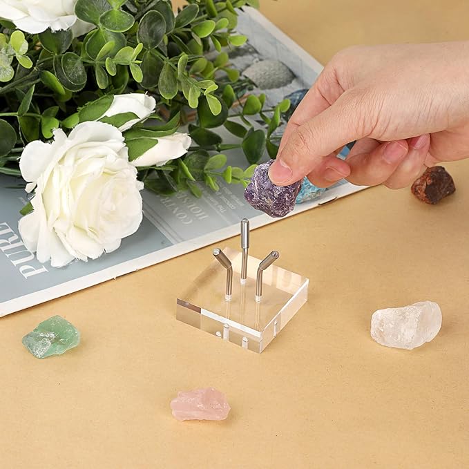 Hipiwe Acrylic Display Stand, Three Metal Peg Display Easel Stand for Fossils Crystal Minerals Rocks and Geodes, Medium,Silver