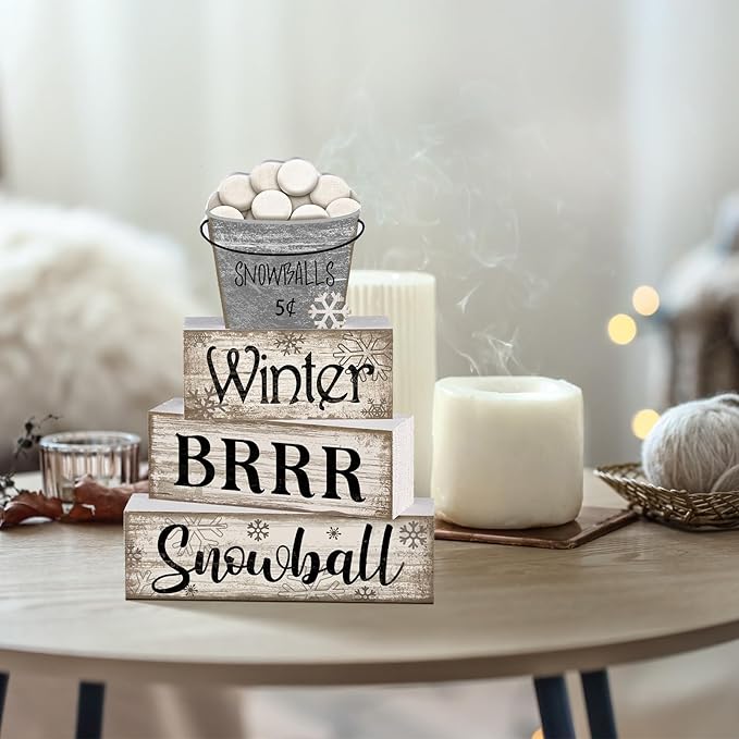 Moucuny 4 Pcs Winter Table Decorations Winter Tiered Tray Decor Christmas Table Centerpiece Rustic Decorative Snowball Snow Bucket Block Sign Farmhouse Christmas Decorations for Home Kitchen Shelf