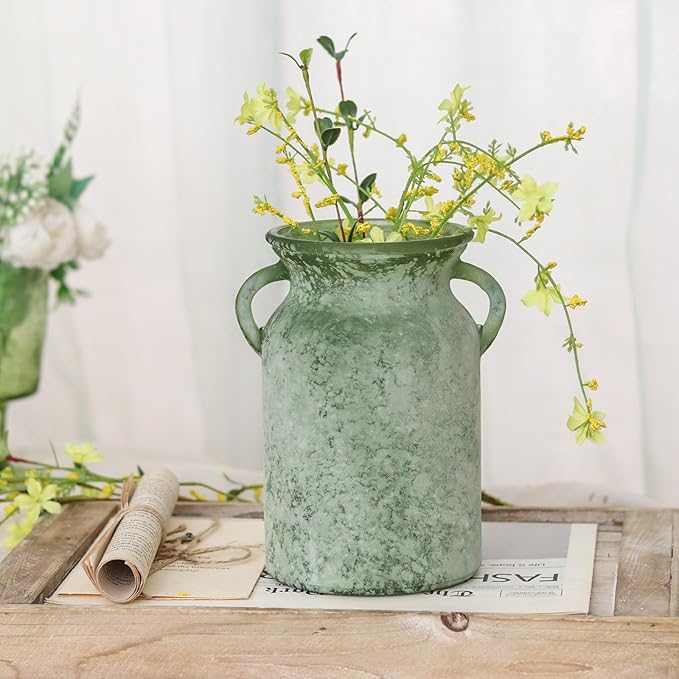 Glass Flower Vase with Handle – 8 Inches Rustic Imitation Ceramic Vase for Flowers, Vintage White Green Centerpiece Decor for Farmhouse, Modern Home, Table & Holiday Decorations