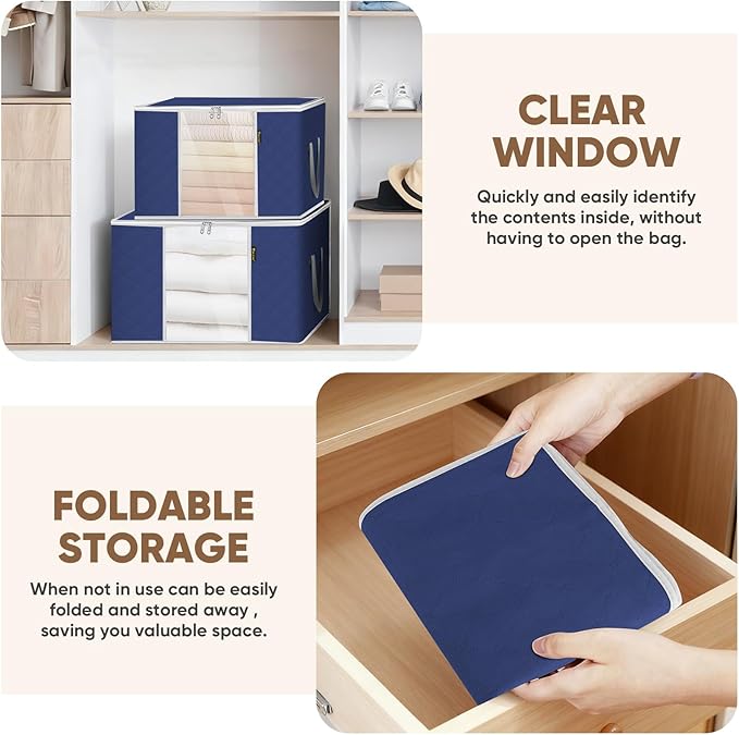 BALEINE 8 Pack Clothes Storage Bags, 24 Gallon Storage Containers with Reinforced Handle, Sturdy Zipper, Closet Organizer for Blanket, Comforter, Pillow, Bedding (Blue, 8 Pack)