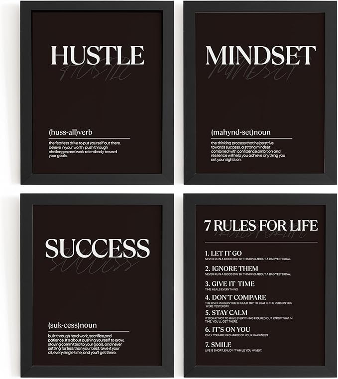 DSHFG Black Motivational Office Pictures Wall Decor Prints Set of 4, Black Motivational Wall Art Decor Tredny Posters Prints for Office Home Room Decor, 8x10 Unframed