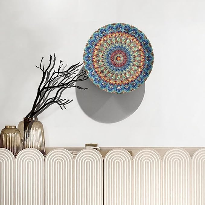 Colorful Decorative Plate Stand, 6 Inch, Blue Mandala Boho Round Display Plate, Table Top Plate Decor with Stand, Ceramic Craft for Wall Hanging Decorative