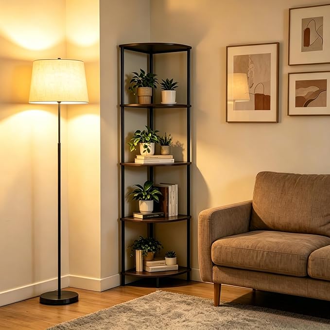 Corner Shelf Stand 5 Tier, Tall Slim Corner Bookshelf, Small Storage Display Shelving Unit for Home Office, Bathroom, Bedroom, Easy Assembly with Anti-Tip Design, Rustic Brown