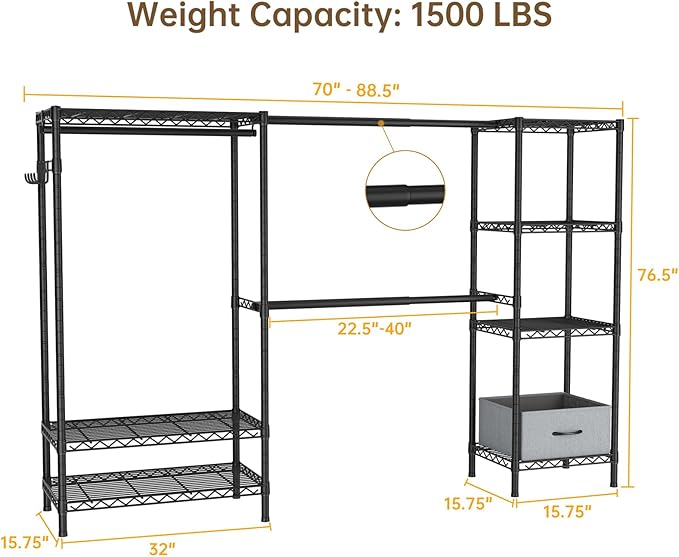 Coat Rack Clothes Wardrobe：Closet Organizer and Storage Clothing Garment Rack with Shelves Heavy Duty for Hanging Clothes Portable Adjustable Black 15.8" Dx(70-88.5)" Wx76.5 H