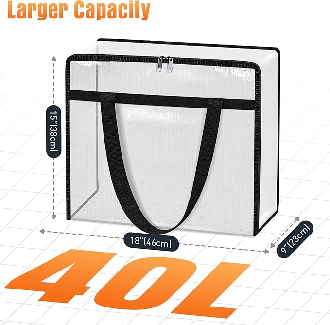 Clear Under Bed Storage Containers - 4 Pack Large Capacity Clothes Storage Bags with Lid & Sturdy Handles, Foldable Moving Bags, Clothing Organizer Totes for Bedding, Comforter, Sheet（40 L）