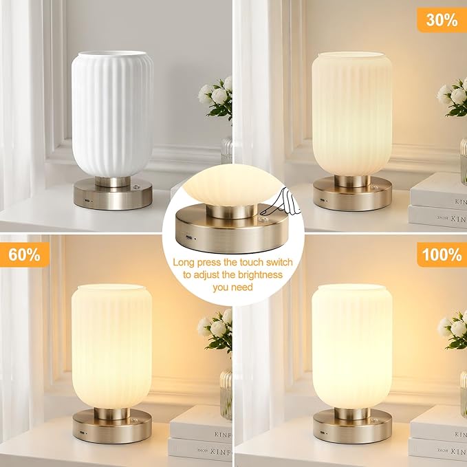 LightRound Cordless Table Lamp for Bedroom, 7500mAh Rechargeable Small Battery Lamp, Modern Touch Dimmable Wireless Lamp Brushed Nickel Base White Glass Shade for Living Room, Desk, Led Bulb Included