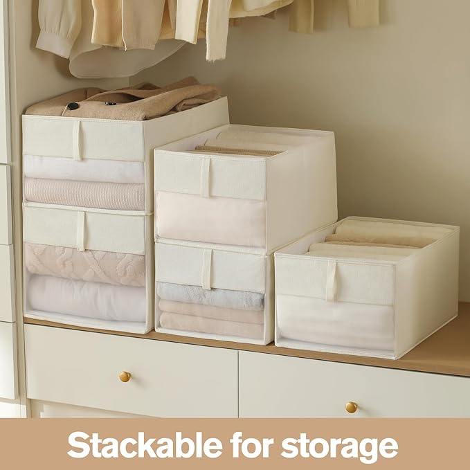Lifespace Storage Wardrobe Organizer, Large 6-Compartment Foldable Drawer System with Handles, Beige Fabric Storage Box for Clothes, Blankets, Toys, 2-Pack (2, Cream, 17.5”X12“X9“)