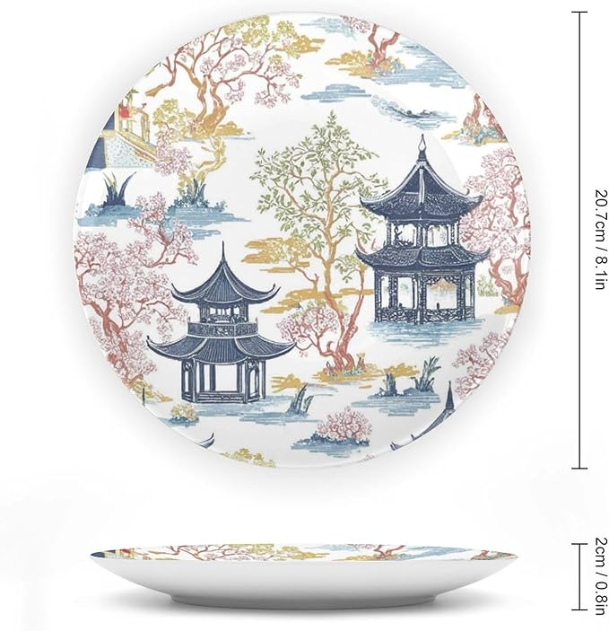 Chinoiserie Pagoda White Coral Blue Asian Fashion Plates of 6", 7", 9", 10", Customize Hand-Painted Ceramic Decorative Plates, Table Housewarming Gifts Decorations Display, Unique Art with Stand