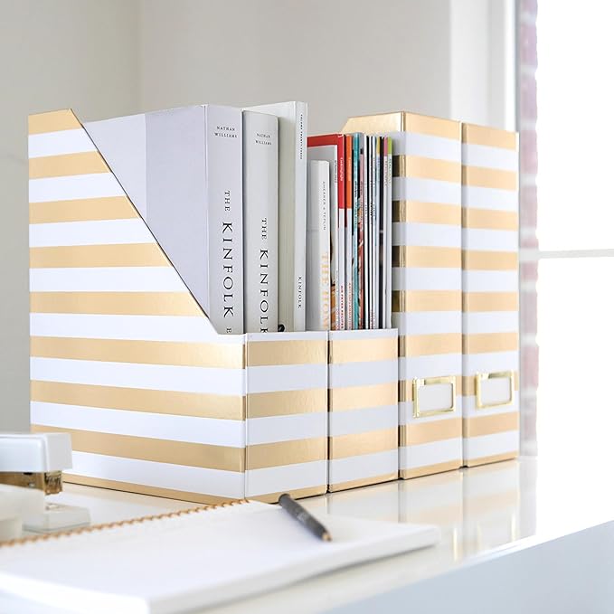 BLU MONACO | Cardboard Magazine File Holder Set of 4 Gold White Stripes | Vertical Magazine File Holder with Label Slots | Standing File Holder and Cardboard Bins for Shelves Desk Classroom