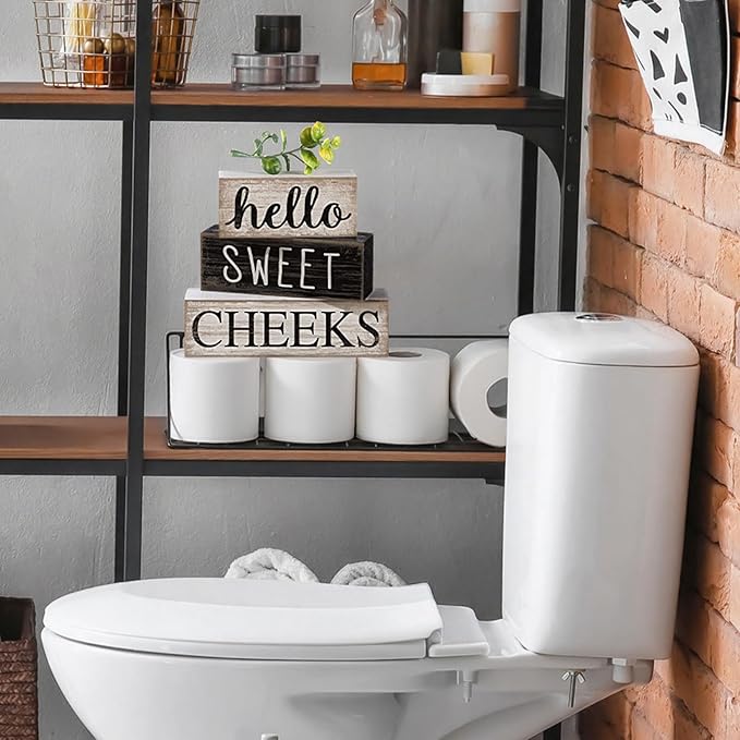 Moucuny 4 Pcs Bathroom Shelf Decor Hello Sweet Cheeks Sign Farmhouse Bathroom Decor and Accessories Rustic Eucalyptus Leaves Wood Block Sign Gift Sweet Home Table Centerpiece for Home Office