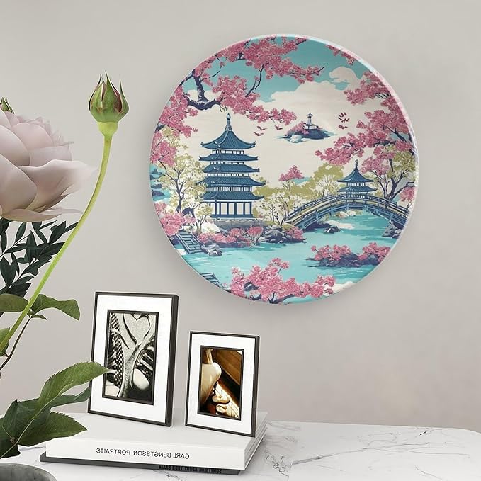 Chinoiserie Pagoda White Coral Blue Asian Plates Ceramic of 6", 7", 9", 10", Custom Ceramic Salad Plates, Home Art Decoration Decorations Wedding, Unique Art with Stand