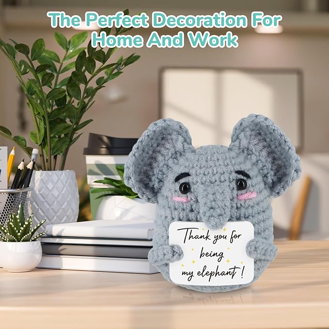 WenmthG Funny Positive Crochet Elephant - Emotional Support Animals Gifts, Funny Handmade Crochet Doll, Inspirational Gifts for Women Men Friends Coworkers