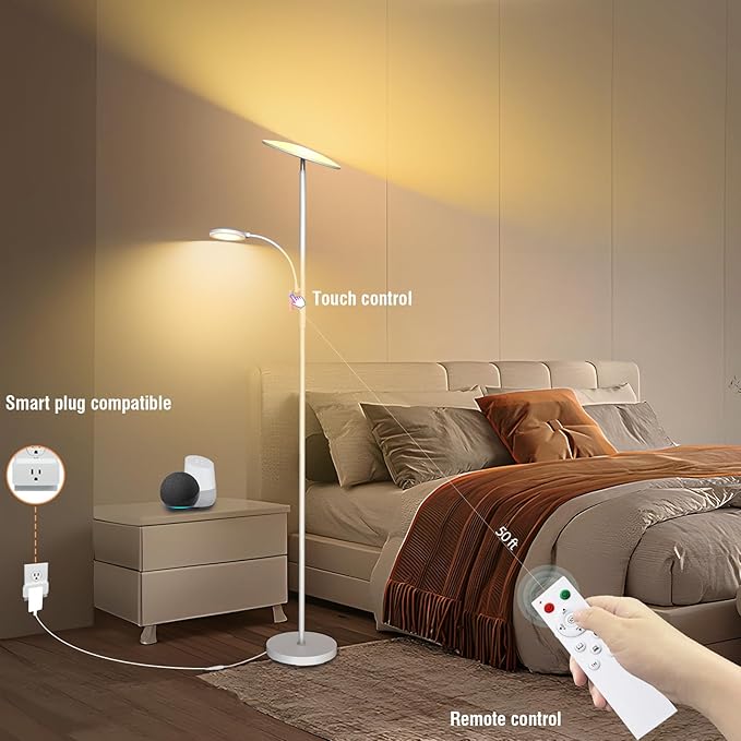 marctronic White Floor Lamps for Living Room, 44W/4500LM Super Bright 2 in 1 LED Floor Lamp with Remote, Stepless Dimmable, 69" Tall Standing Floor Lamp with Bendable Reading Light for Bedroom Office