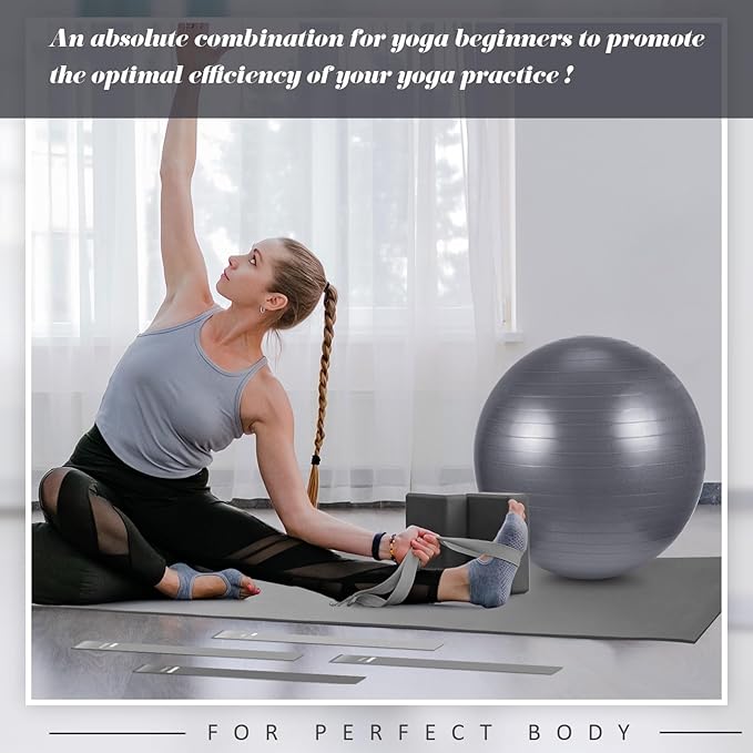 Liliful 10 Pcs Yoga Starter Kit Include 6mm Yoga Mat with Carry Strap, 2 Blocks, 65cm Pilates Ball, Stretch Strap, 5 Resistance Bands with Air Pump Home Workout Set for Beginners Women Men Gym