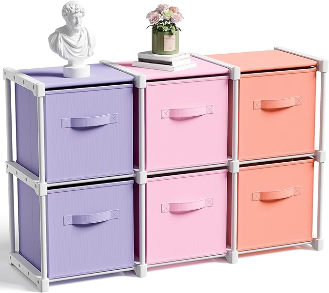 6 Cube Storage Organizer with Shelf Back to School Boxes 11 Inch Toy Storage Bins Closet Organizers Drawers Fabric Dresser for Playroom Books Bedroom Dorm Kitchen (Pink,Purple,Orange)