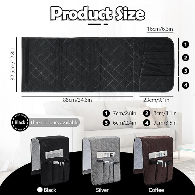 Huakaile Foldable Remote Control Holder Non-Slip Couch Sofa Chair Waterproof Armrest Organizer with 5 Pockets Armrest Organizer Couch Recliner Caddy Fits for Ipad, Phone, Magazines (Black)
