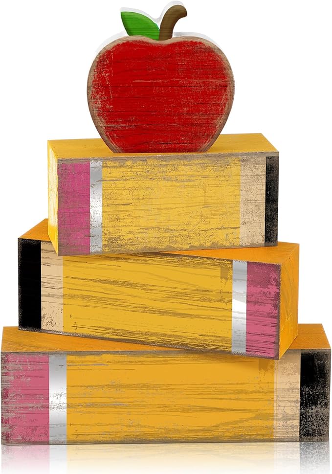 Lineshading 4 Pcs Back to School Table Decorations Retro Red Apples Decor Back to School Tiered Tray Decor Apple Centerpieces Rustic Wood Pencil Block Stack Sign Farmhouse Gifts for Home Shelf Mantel