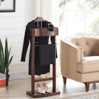 Suit Stands Butler Clothing Racks Wood Suit Valet Stand Clothes Rack with Base Floor Standing Suit Hanger Rack with Drawer, Top Tray,for Office Living Room Bed Room ﻿43X33.5X107CM(Brown)