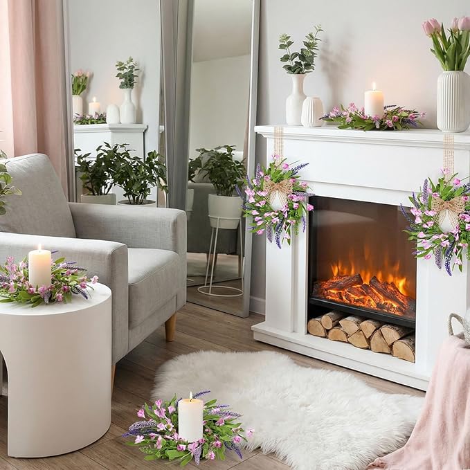 6 PCS 9'' Mini Pink Forsythia Lavender Wreath for Front Door Small Spring Kitchen Cabinet Wreaths with Burlap Ribbon Hanging Farmhouse Wreaths Artificial Greenery Wreath for Porch Wall Window Decor