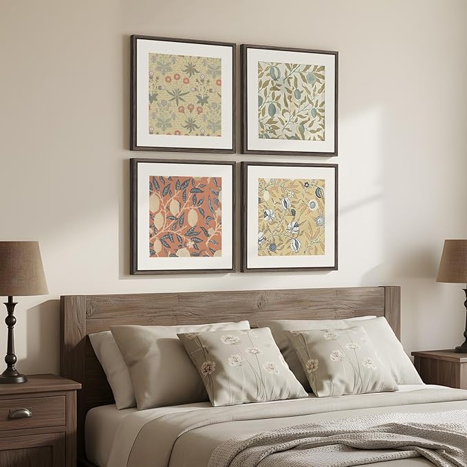 Framed William Morris Wall Art Set of 4, Vintage Botanical Floral Fruit Pattern Canvas Prints Artwork for Walls, Retro Natural Square Picture for Living Rooms Dining Room Hallway Wall Decor, 12x12 In