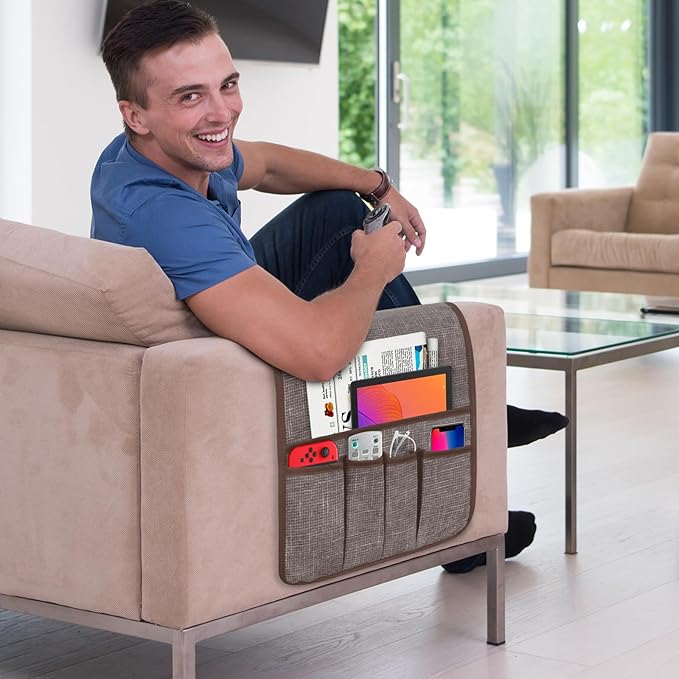 Armchair Caddy Remote Control Holder, Couch Caddy Gifts for Seniors Bed Caddy Tv Remote Holder with 5 Pockets for Key Glasses Phone Magazine Holders