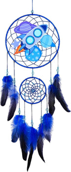 Basumee Dream Catcher for Kids Feather Dream Catchers Handmade Home Decor Wall Hanging with Double Ring for Nursery Bedroom Boys Room, Blue Rocket