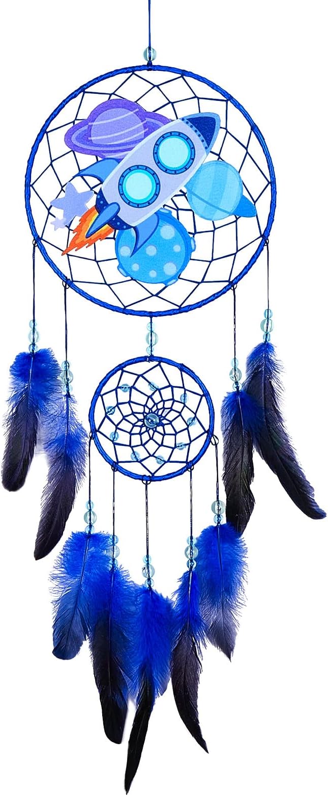 Basumee Dream Catcher for Kids Feather Dream Catchers Handmade Home Decor Wall Hanging with Double Ring for Nursery Bedroom Boys Room, Blue Rocket