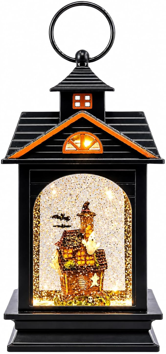 Halloween Lantern Water Spinning Snow Globe LED Light Haunted House Ghost Decor 9.25 Inch Black Acrylic Glitter Lantern Battery Operated Spooky Indoor Fall Decoration
