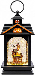 Halloween Lantern Water Spinning Snow Globe LED Light Haunted House Ghost Decor 9.25 Inch Black Acrylic Glitter Lantern Battery Operated Spooky Indoor Fall Decoration