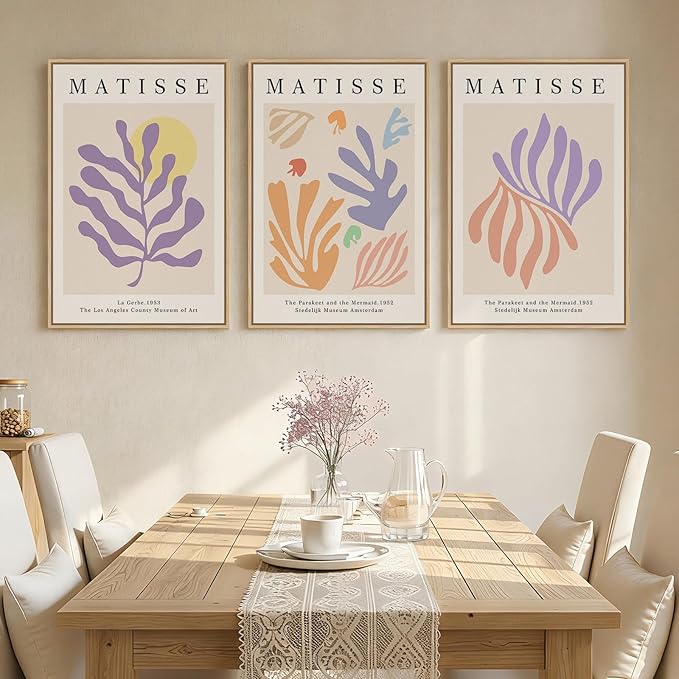 Framed Large Matisse Canvas Wall Art Set of 3, Vintage Colorful Abstract Floral Artwork Prints, Neutral Beige Matisse Botanical Wall Decor for Living Room, Bedroom, Hallway and Office, Total Size 30x60