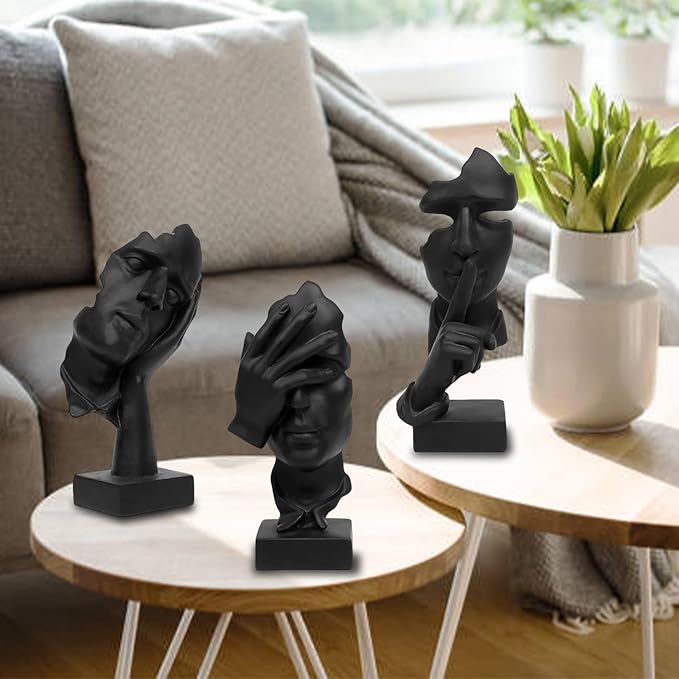 aboxoo 3 Pcs Thinker Statue, Silence is Gold Abstract Art Figurine, See No Evil Hear No Evil Speak No Evil Statues, Modern Resin Sculptures Decor for Living Room, Home, Office Study (Black)
