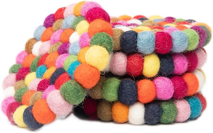 Round Felt Ball Coasters - 100% Merino Wool Table Coasters - Felt Coaster Pads, Absorbent Trivet for Drinks - Heat Resistant, Thick & Durable Hand Felted - Woolygon - Multicolor Set of 5 (Rainbow)